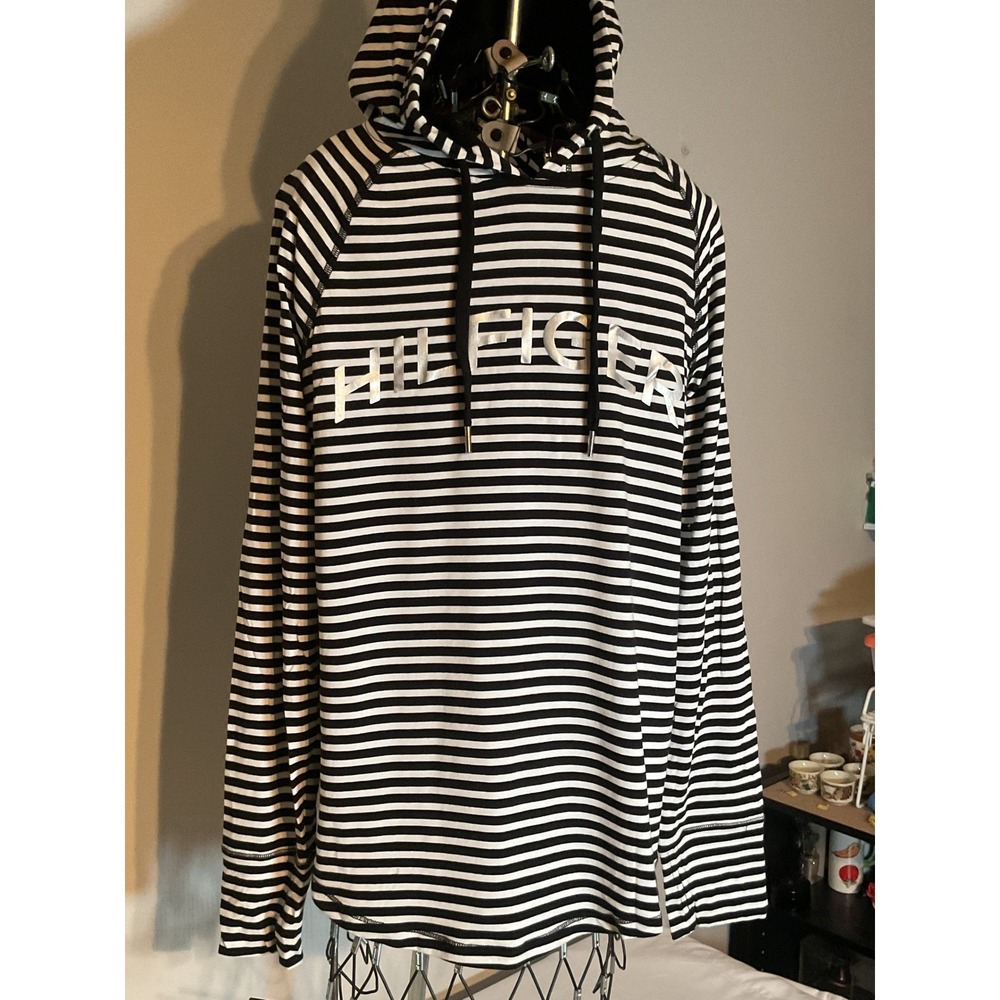 Tommy Hilfiger Sport Womens Large Striped Hoodie Long Sleeve Shirt Black White